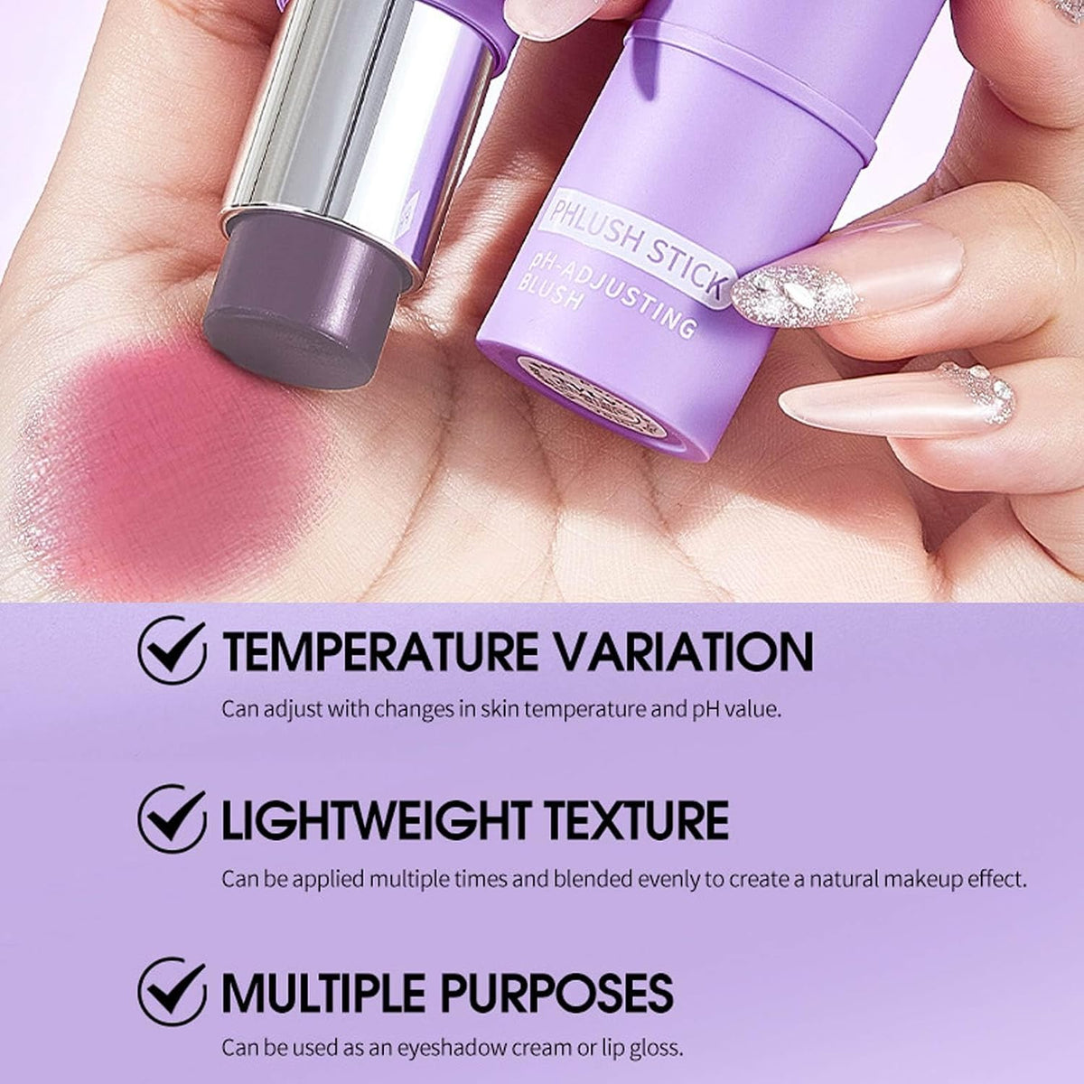 2Pcs Color Changing Cream Blush Stick, Ph Reactive Hydrating Tinted Moisture Stick for Cheeks, Lips and Eyes, Multi-Use Color-Adjusting Blush